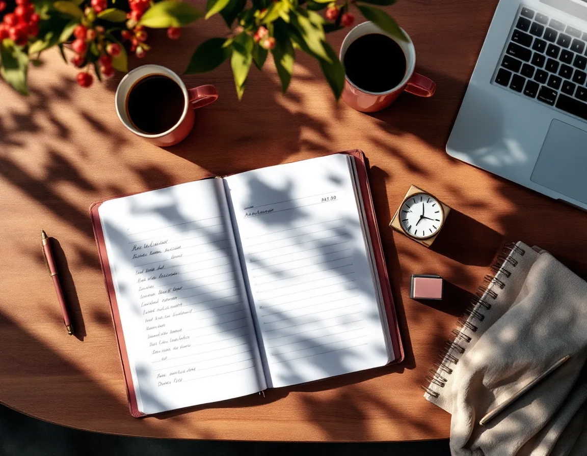 A bookkeeper's desk with an open ledger, laptop and coffee in warm light